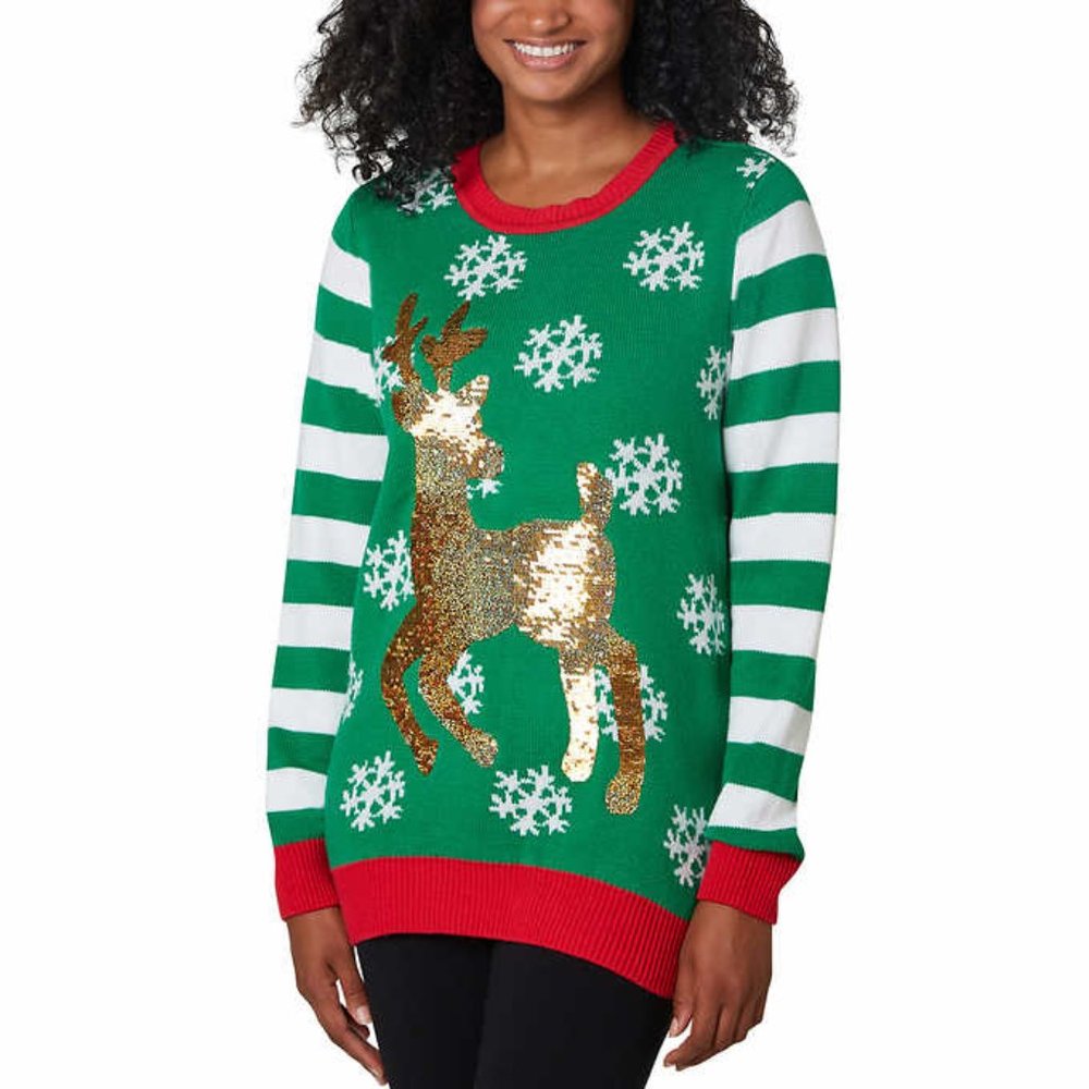 Ugly Christmas Holiday Sweater Reindeer Sequins